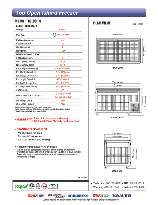 Turbo Air TFS-20F-N 57 3/8" Mobile Chest Freezer w/ (27) Baskets - White, 115v - Donut-Equipment.com