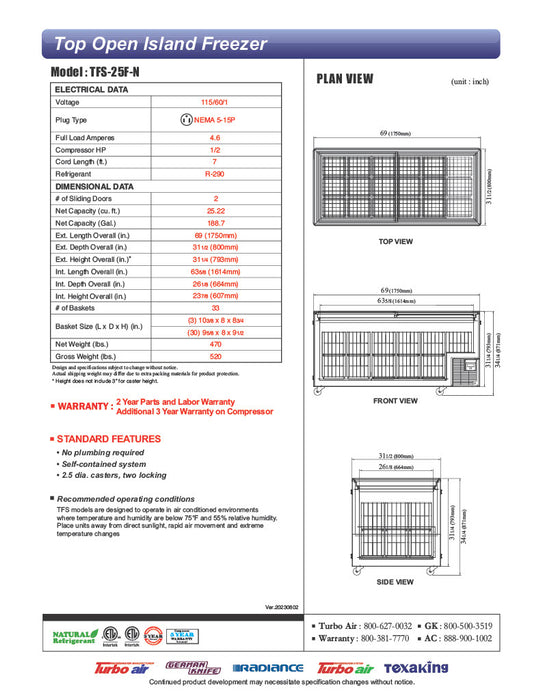 Turbo Air TFS-25F-N 69" Mobile Chest Freezer w/ (33) Baskets - White, 115v - Donut-Equipment.com
