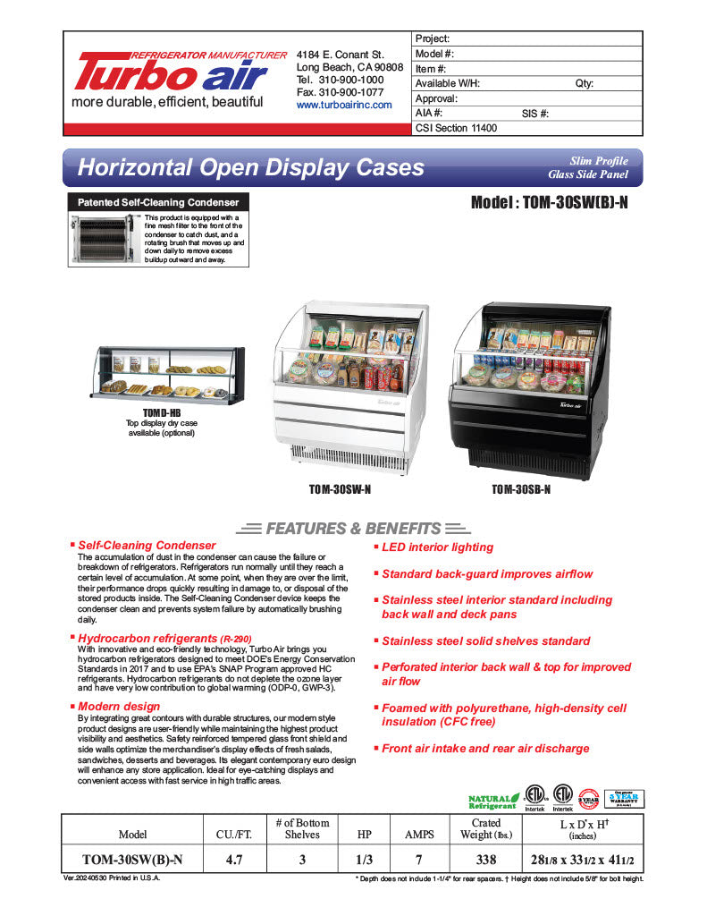 Turbo Air TOM-30SB-N 28" Slim Line Horizontal Open Air Cooler w/ (3) Levels – Black Exterior, 115v - Donut-Equipment.com