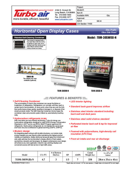 Turbo Air TOM-30SB-N 28" Slim Line Horizontal Open Air Cooler w/ (3) Levels – Black Exterior, 115v - Donut-Equipment.com