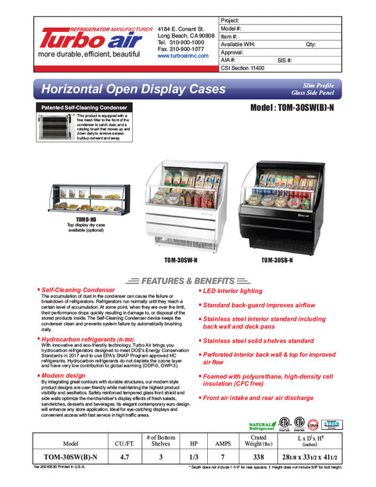 Turbo Air TOM-30SB-N 28" Slim Line Horizontal Open Air Cooler w/ (3) Levels – Black Exterior, 115v - Donut-Equipment.com