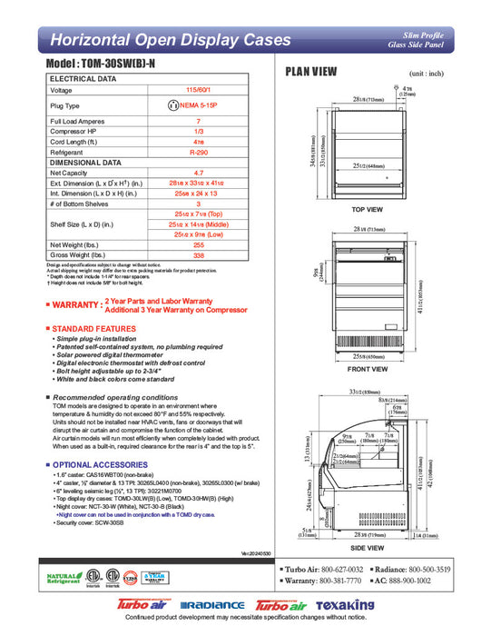 Turbo Air TOM-30SB-N 28" Slim Line Horizontal Open Air Cooler w/ (3) Levels – Black Exterior, 115v - Donut-Equipment.com