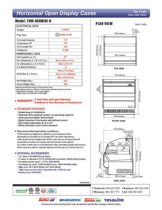 Turbo Air TOM-40SB-N 39" Slim Line Horizontal Open Air Cooler w/ (3) Levels – Black Exterior, 115v - Donut-Equipment.com