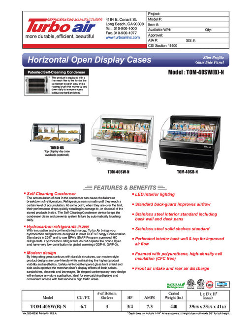 Turbo Air TOM-40SW-N 39" Slim Line Horizontal Open Air Cooler w/ (3) Levels – White Exterior, 115v - Donut-Equipment.com