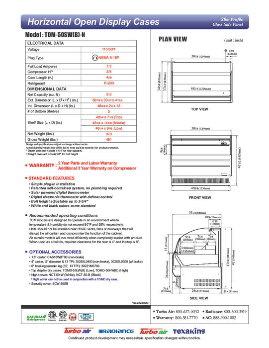 Turbo Air TOM-50SB-N 50 3/4" Slim Line Horizontal Open Air Cooler w/ (3) Levels – Black Exterior, 115v - Donut-Equipment.com