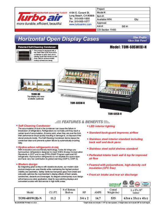 Turbo Air TOM-60SB-N 63" Slim Line Horizontal Open Air Cooler w/ (3) Levels – Black Exterior, 115v - Donut-Equipment.com