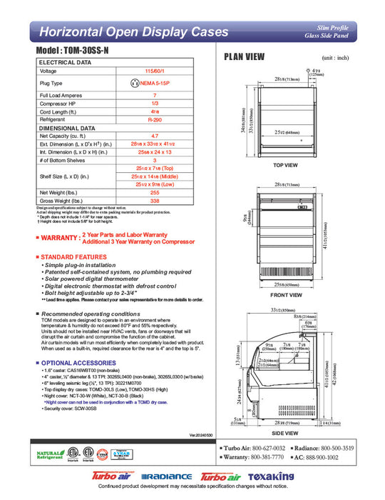 Turbo Air TOM-30SS-N 28 1/8" Horizontal Open Air Cooler w/ (3) Levels, 115 - Donut-Equipment.com