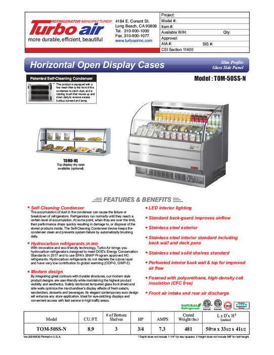 Turbo Air TOM-50SS-N 50 3/4" Slim Line Horizontal Open Air Cooler w/ (3) Levels – Stainless Steel Exterior, 115v - Donut-Equipment.com