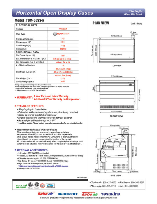 Turbo Air TOM-50SS-N 50 3/4" Slim Line Horizontal Open Air Cooler w/ (3) Levels – Stainless Steel Exterior, 115v - Donut-Equipment.com