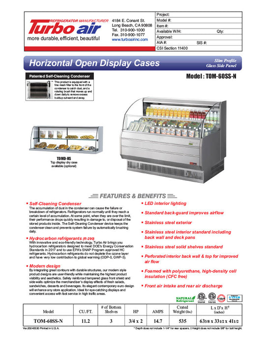 Turbo Air TOM-60SS-N 63 3/8" Slim Line Horizontal Open Air Cooler w/ (3) Shelves – Stainless Steel Exterior, 115v - Donut-Equipment.com