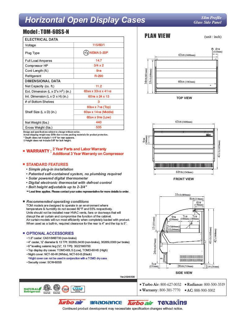 Turbo Air TOM-60SS-N 63 3/8" Slim Line Horizontal Open Air Cooler w/ (3) Shelves – Stainless Steel Exterior, 115v - Donut-Equipment.com
