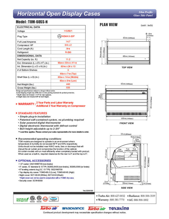 Turbo Air TOM-60SS-N 63 3/8" Slim Line Horizontal Open Air Cooler w/ (3) Shelves – Stainless Steel Exterior, 115v - Donut-Equipment.com