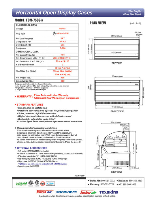 Turbo Air TOM-75SS-N 75 3/4" Slim Line Horizontal Open Air Cooler w/ (3) Shelves – Stainless Steel Exterior, 115v - Donut-Equipment.com