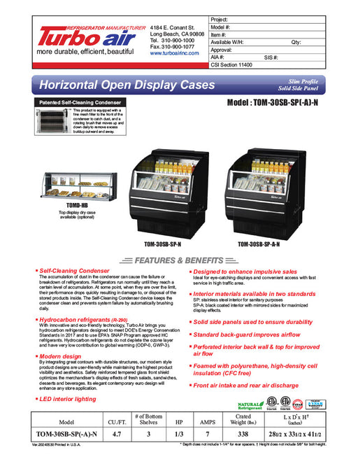 Turbo Air TOM-30SB-SP-N 28" Black Horizontal Refrigerated Open Curtain Merchandiser w/ Stainless Steel Interior – Slim Line, 115v - Donut-Equipment.com