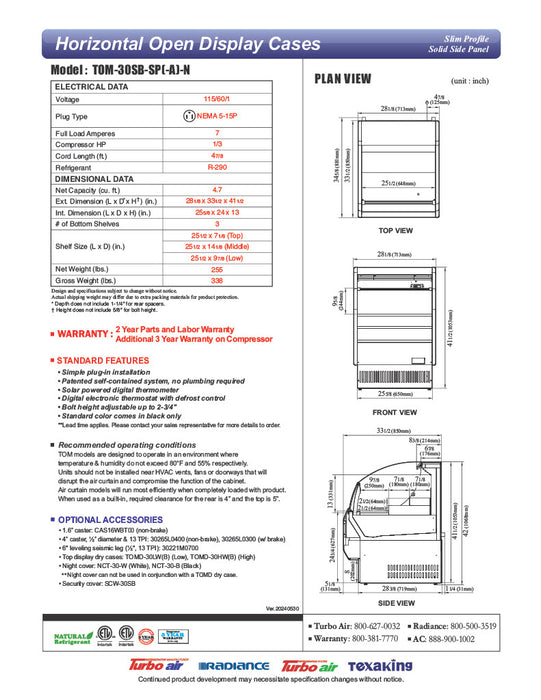 Turbo Air TOM-30SB-SP-N 28" Black Horizontal Refrigerated Open Curtain Merchandiser w/ Stainless Steel Interior – Slim Line, 115v - Donut-Equipment.com
