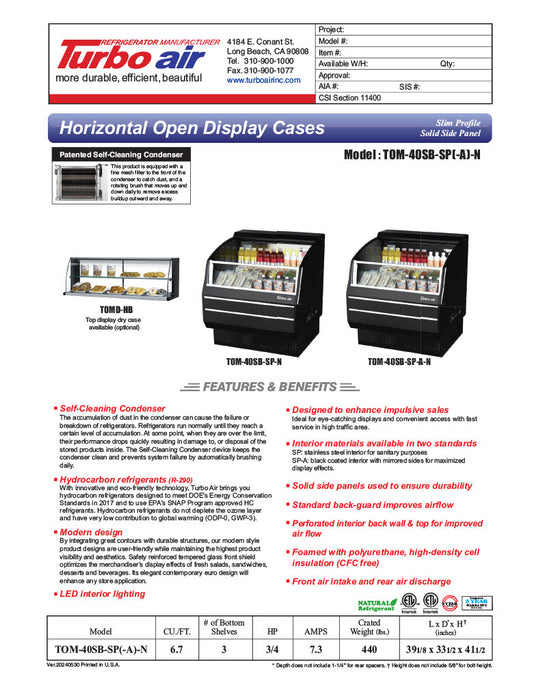 Turbo Air TOM-40SB-SP-N 39 1/8" Black Horizontal Open Air Cooler w/ (3) Levels, Stainless Steel Interior – Slim Line, 115v - Donut-Equipment.com