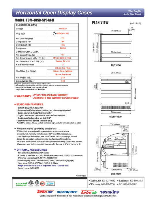 Turbo Air TOM-40SB-SP-N 39 1/8" Black Horizontal Open Air Cooler w/ (3) Levels, Stainless Steel Interior – Slim Line, 115v - Donut-Equipment.com