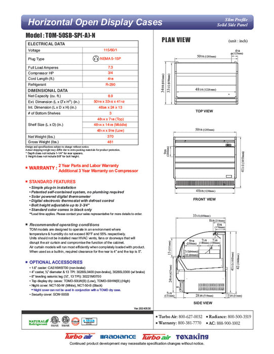 Turbo Air TOM-50SB-SP-N 50 7/8" Black Horizontal Open Air Cooler w/ (3) Levels, Stainless Steel Interior – Slim Line, 115v - Donut-Equipment.com