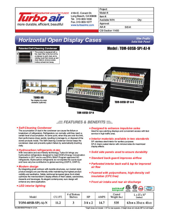 Turbo Air TOM-60SB-SP-N 63 3/8" Black Horizontal Open Air Cooler w/ (3) Levels, Stainless Steel Interior – Slim Line, 115v - Donut-Equipment.com