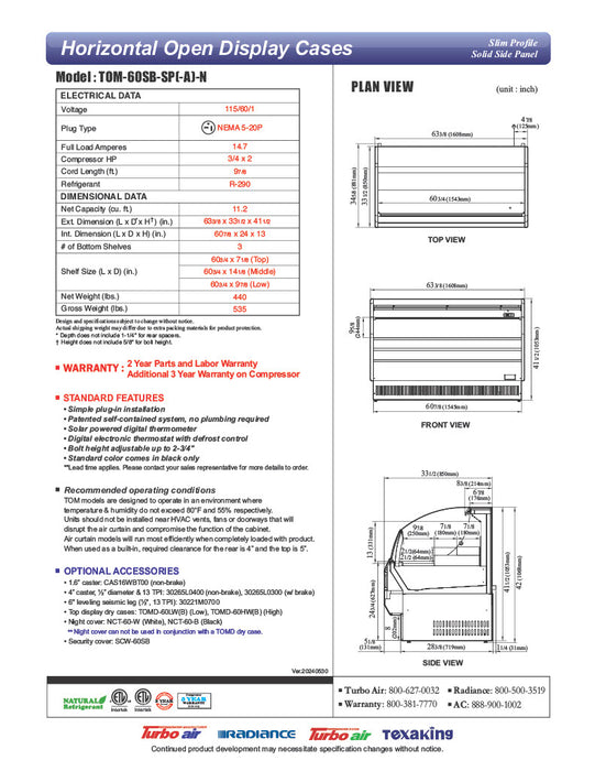 Turbo Air TOM-60SB-SP-N 63 3/8" Black Horizontal Open Air Cooler w/ (3) Levels, Stainless Steel Interior – Slim Line, 115v - Donut-Equipment.com