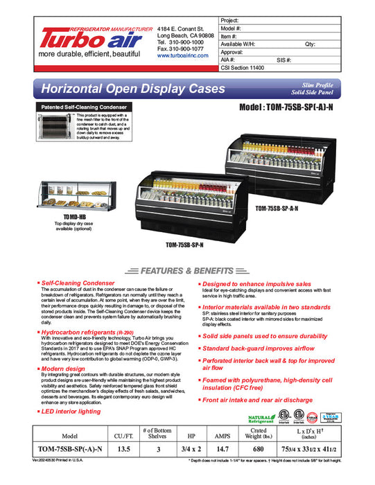 Turbo Air TOM-75SB-SP-N 75 3/4" Black Horizontal Open Air Cooler w/ (3) Levels, Stainless Steel Interior – Slim Line, 115v - Donut-Equipment.com