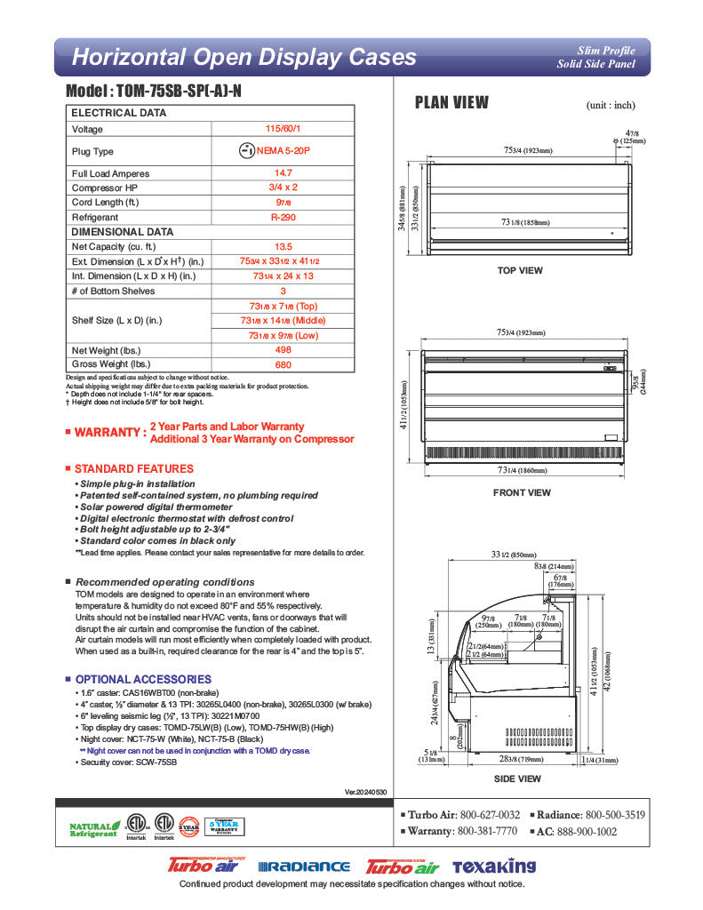 Turbo Air TOM-75SB-SP-N 75 3/4" Black Horizontal Open Air Cooler w/ (3) Levels, Stainless Steel Interior – Slim Line, 115v - Donut-Equipment.com