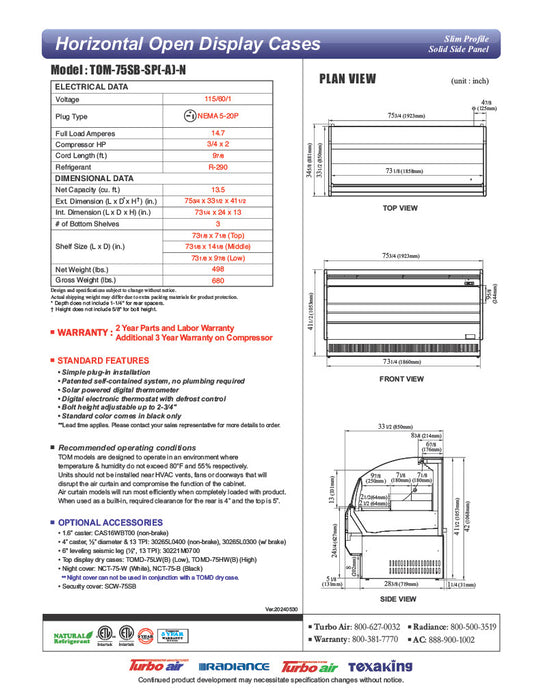 Turbo Air TOM-75SB-SP-N 75 3/4" Black Horizontal Open Air Cooler w/ (3) Levels, Stainless Steel Interior – Slim Line, 115v - Donut-Equipment.com