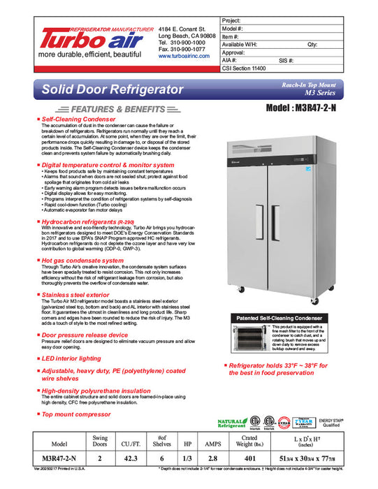 Turbo Air M3R47-2-N 51" Two Section Reach-In Refrigerator w/ (2) Solid Doors – Top Mount, Stainless Exterior, Aluminum Interior, 115v - Donut-Equipment.com