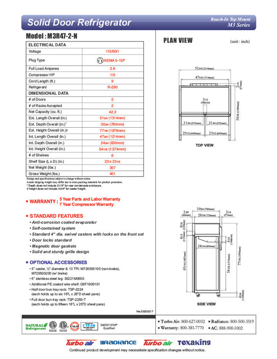 Turbo Air M3R47-2-N 51" Two Section Reach-In Refrigerator w/ (2) Solid Doors – Top Mount, Stainless Exterior, Aluminum Interior, 115v - Donut-Equipment.com