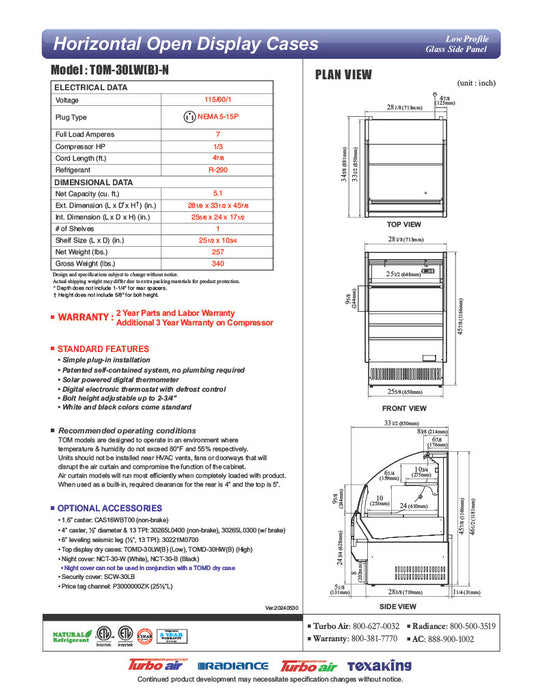 Turbo Air TOM-30LB-N 28" Horizontal Open Air Cooler w/ (2) Levels – Low Profile, Black Exterior, 115v - Donut-Equipment.com
