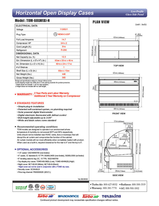 Turbo Air TOM-60LB-N 63 1/4" Horizontal Open Air Cooler w/ (2) Levels – Low Profile, Black Exterior, 115v - Donut-Equipment.com