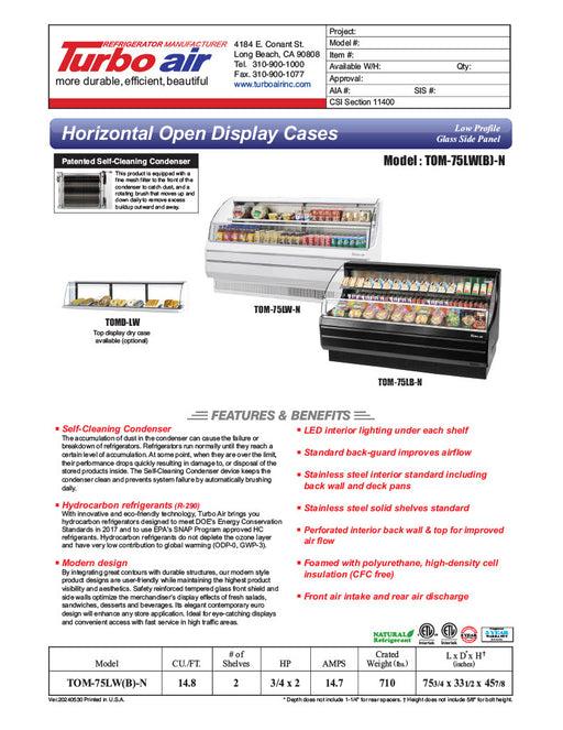 Turbo Air TOM-75LB-N 75 5/8" Horizontal Open Air Cooler w/ (2) Levels – Low Profile Display Merchandiser, Black Exterior, 115v - Donut-Equipment.com