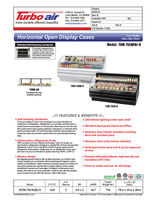 Turbo Air TOM-75LB-N 75 5/8" Horizontal Open Air Cooler w/ (2) Levels – Low Profile Display Merchandiser, Black Exterior, 115v - Donut-Equipment.com