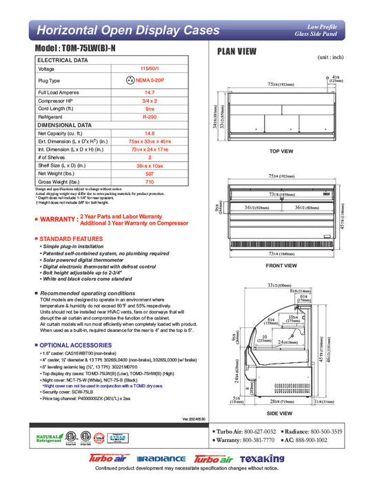 Turbo Air TOM-75LB-N 75 5/8" Horizontal Open Air Cooler w/ (2) Levels – Low Profile Display Merchandiser, Black Exterior, 115v - Donut-Equipment.com