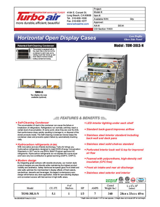 Turbo Air TOM-30LS-N 28 1/8" Horizontal Open Air Cooler w/ (2) Levels – Slim Line Display Merchandiser, 115v - Donut-Equipment.com