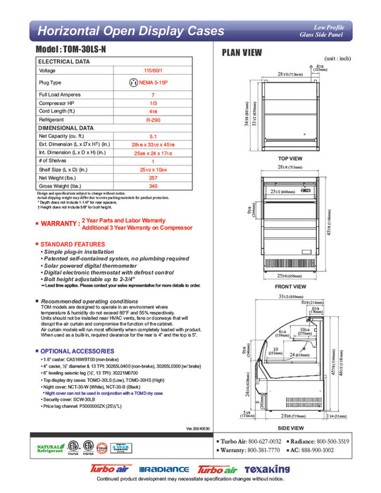 Turbo Air TOM-30LS-N 28 1/8" Horizontal Open Air Cooler w/ (2) Levels – Slim Line Display Merchandiser, 115v - Donut-Equipment.com