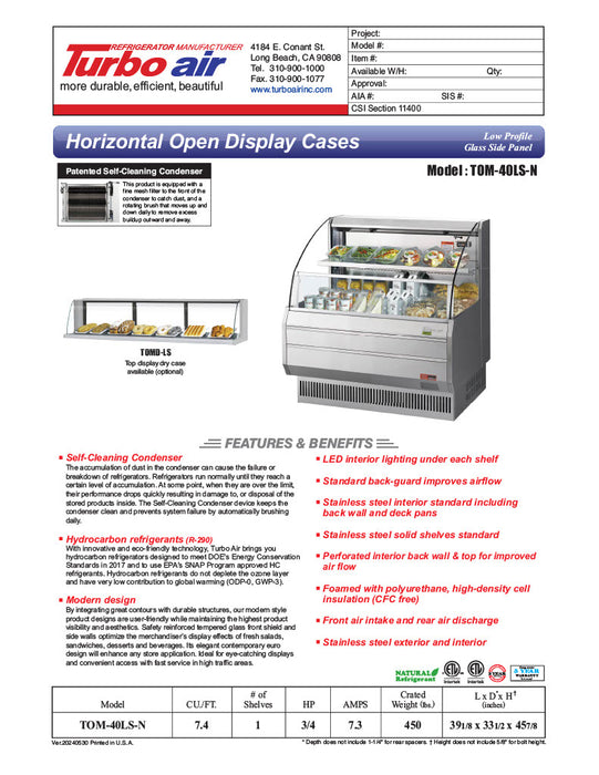 Turbo Air TOM-40LS-N 39" Low Profile Horizontal Open Air Cooler – Stainless Steel Display Merchandiser, (2) Levels, 115v - Donut-Equipment.com