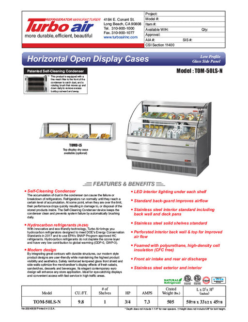 Turbo Air TOM-50LS-N 50" Low Profile Horizontal Open Air Cooler – Stainless Steel Refrigerated Merchandiser w/ (2) Levels, 115v - Donut-Equipment.com