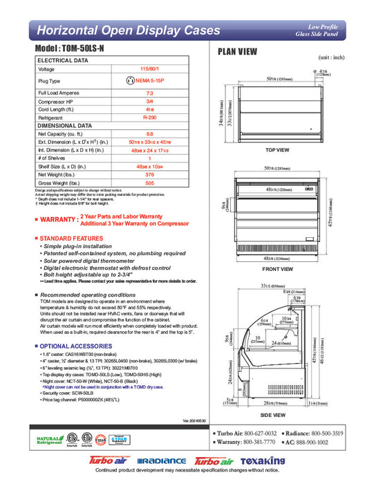 Turbo Air TOM-50LS-N 50" Low Profile Horizontal Open Air Cooler – Stainless Steel Refrigerated Merchandiser w/ (2) Levels, 115v - Donut-Equipment.com