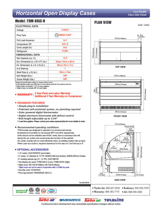 Turbo Air TOM-60LS-N 63" Low Profile Horizontal Open Air Cooler – Stainless Steel Refrigerated Curtain Merchandiser w/ (2) Levels, 115v - Donut-Equipment.com