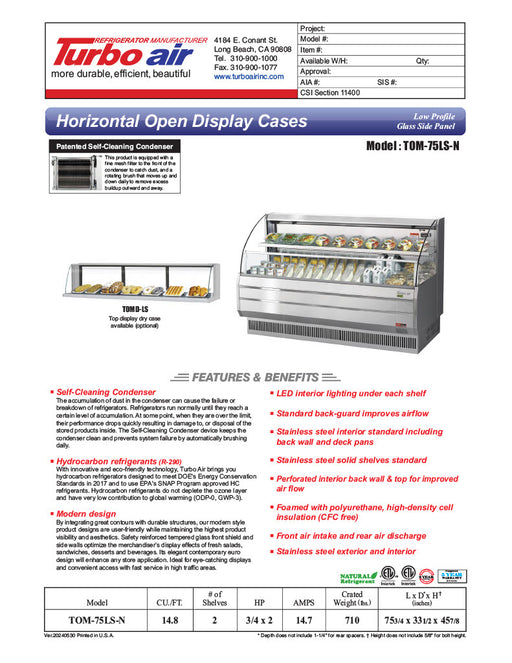 Turbo Air TOM-75LS-N 75" Low Profile Horizontal Open Air Cooler – Stainless Steel Refrigerated Curtain Merchandiser w/ (2) Levels, 115v - Donut-Equipment.com