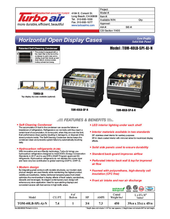 Turbo Air TOM-40LB-SP-N 39 1/8" Black Low Profile Horizontal Open Air Cooler – Refrigerated Curtain Merchandiser w/ (2) Levels, 115v - Donut-Equipment.com