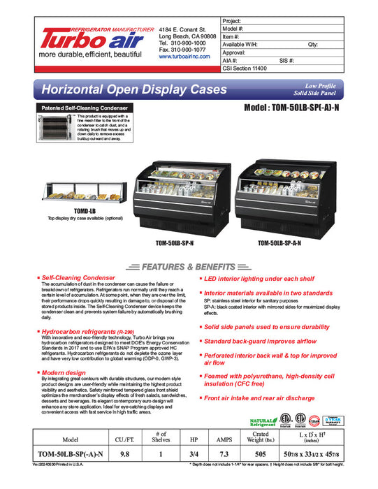 Turbo Air TOM-50LB-SP-N 50 7/8" Black Low Profile Horizontal Open Air Cooler – Refrigerated Curtain Merchandiser w/ (2) Levels, 115v - Donut-Equipment.com