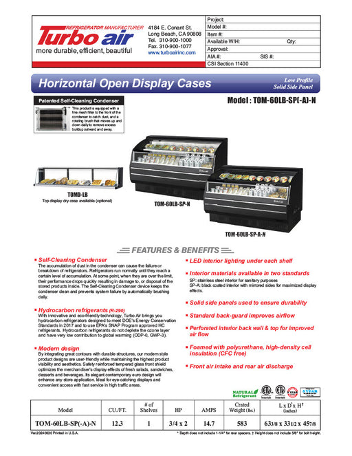 Turbo Air TOM-60LB-SP-N 63 3/8" Black Low Profile Horizontal Open Air Cooler – Refrigerated Merchandiser w/ (2) Levels, 115v - Donut-Equipment.com