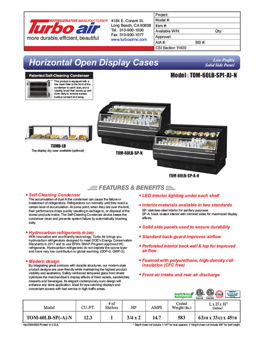 Turbo Air TOM-60LB-SP-N 63 3/8" Black Low Profile Horizontal Open Air Cooler – Refrigerated Merchandiser w/ (2) Levels, 115v - Donut-Equipment.com