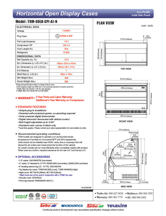 Turbo Air TOM-60LB-SP-N 63 3/8" Black Low Profile Horizontal Open Air Cooler – Refrigerated Merchandiser w/ (2) Levels, 115v - Donut-Equipment.com