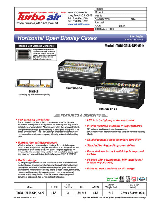 Turbo Air TOM-75LB-SP-N 75 3/4" Black Low Profile Horizontal Open Air Cooler – Refrigerated Merchandiser w/ (2) Levels, 115v - Donut-Equipment.com