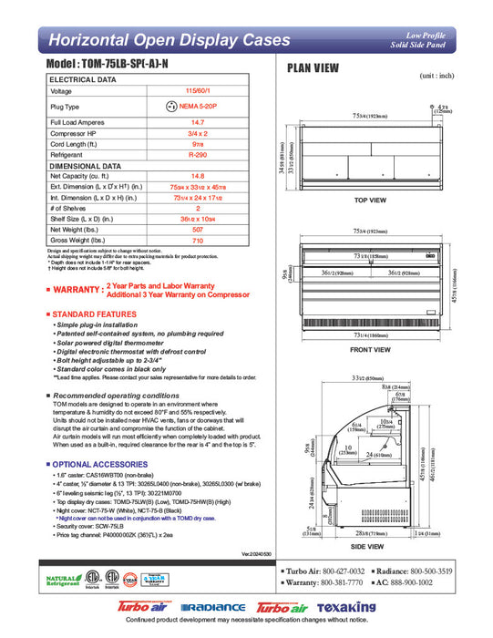 Turbo Air TOM-75LB-SP-N 75 3/4" Black Low Profile Horizontal Open Air Cooler – Refrigerated Merchandiser w/ (2) Levels, 115v - Donut-Equipment.com