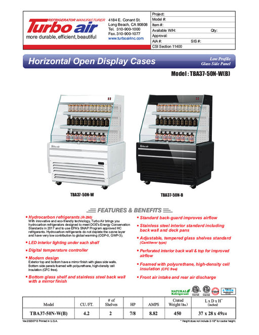 Turbo Air TBA37-50N-W 37" White Horizontal Refrigerated Open Display Merchandiser w/ (2) Shelves, 115v - Donut-Equipment.com