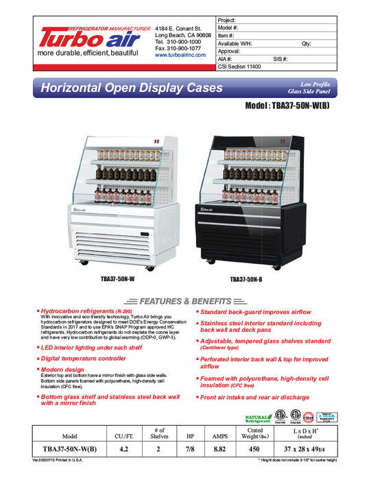 Turbo Air TBA37-50N-W 37" White Horizontal Refrigerated Open Display Merchandiser w/ (2) Shelves, 115v - Donut-Equipment.com